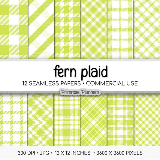Seamless Fern Green Plaid Digital Paper, Buffalo Check, Nature Tartan Patterns, Spring Botanical Scrapbook, Commercial Use, 300 DPI