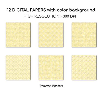 Limoncello Yellow Digital Paper | Floral Line Art, Geometric Trellis | Pale Lemon Pattern | Farmhouse Scrapbook Backgrounds