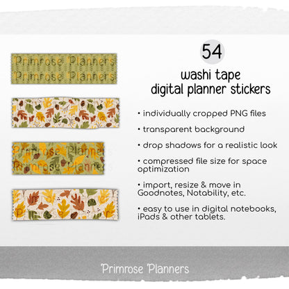 Autumn Digital Washi Tape, Mushroom & Acorn Stickers, Saffron Yellow Moss Green, GoodNotes Sticker Book, Fall Leaf, Forestcore