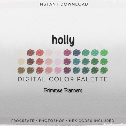 Winter Holly Procreate Palette & Photoshop Swatches, Muted Christmas, Vintage Red Maroon Green Blush, Hex Codes