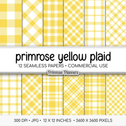 Primrose Yellow Plaid Digital Paper, Pastel Tartan Patterns, Spring Scrapbook Background, Commercial Use, 300 DPI, Yellow and White