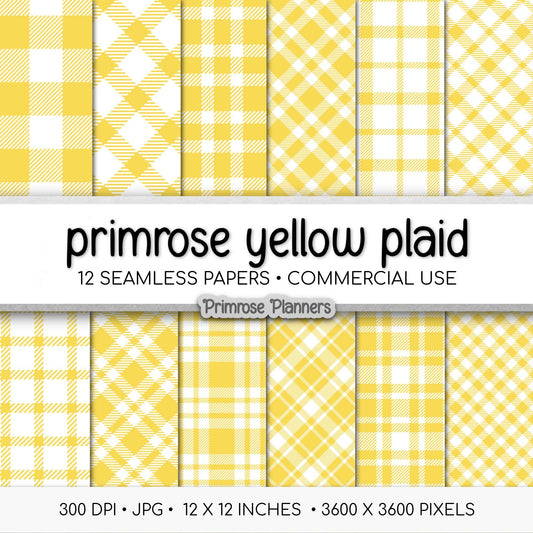 Primrose Yellow Plaid Digital Paper, Pastel Tartan Patterns, Spring Scrapbook Background, Commercial Use, 300 DPI, Yellow and White