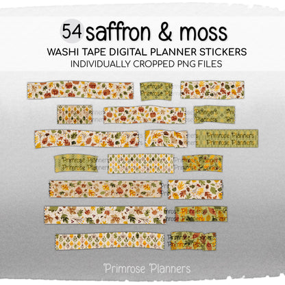 Autumn Digital Washi Tape, Mushroom & Acorn Stickers, Saffron Yellow Moss Green, GoodNotes Sticker Book, Fall Leaf, Forestcore