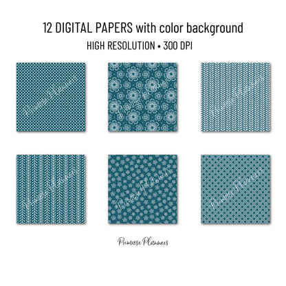 Dark Teal Digital Paper Pack, Minimal Boho Floral Patterns, White & Teal Printable Scrapbook Paper, Elegant Botanical Background