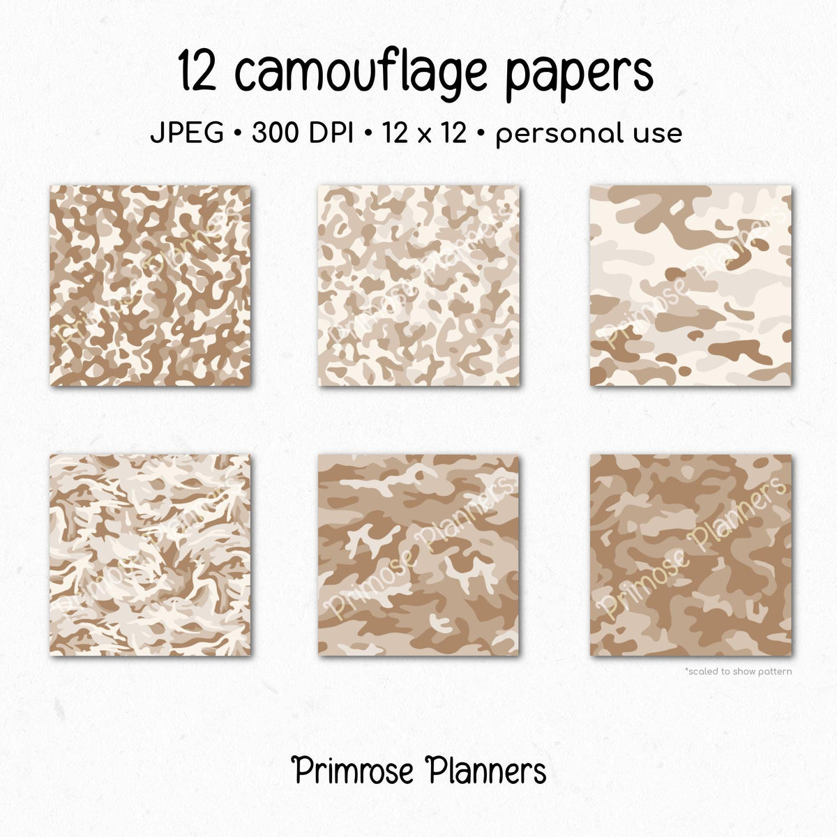 Kraft Brown Tan Camouflage Digital Paper, Neutral Camo Scrapbook Paper, Rustic Army Print Background, Instant Download