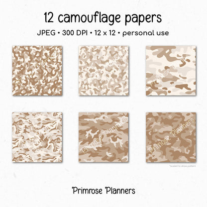 Kraft Brown Tan Camouflage Digital Paper, Neutral Camo Scrapbook Paper, Rustic Army Print Background, Instant Download