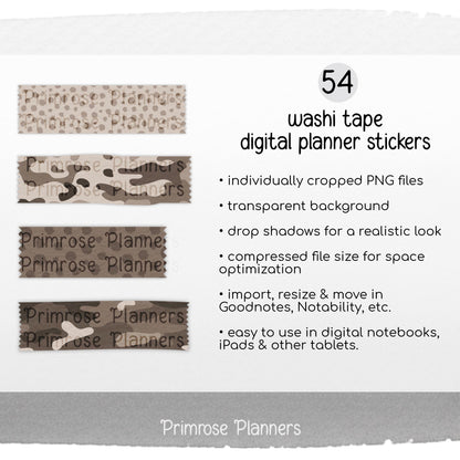 Dark Taupe Safari Animal Print & Camo Digital Washi Tape Planner Stickers