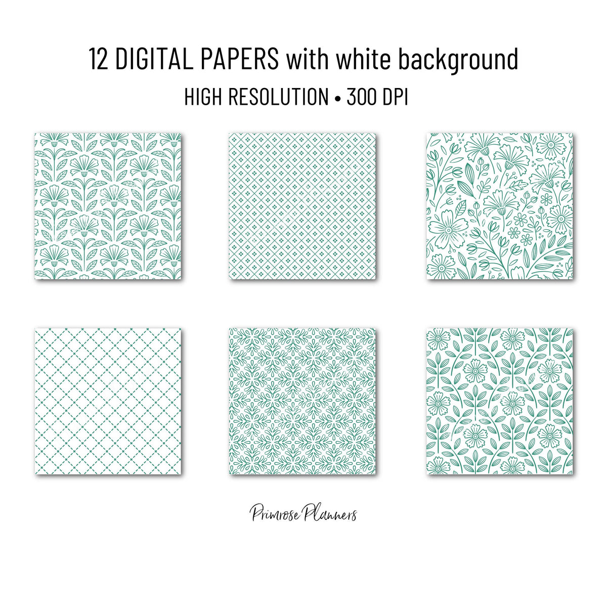 Emerald Green Digital Paper Minimal Boho | White Dainty Floral Seamless Patterns | Jewel Tone Scrapbook Pack