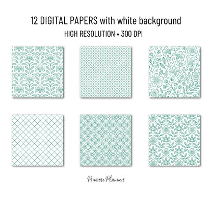 Emerald Green Digital Paper Minimal Boho | White Dainty Floral Seamless Patterns | Jewel Tone Scrapbook Pack