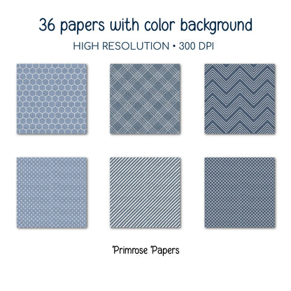 Coastal Farmhouse Digital Paper | Minimal Floral & Geometric Patterns | Dusty Blue, Chambray, White | French Country Scrapbook Backgrounds