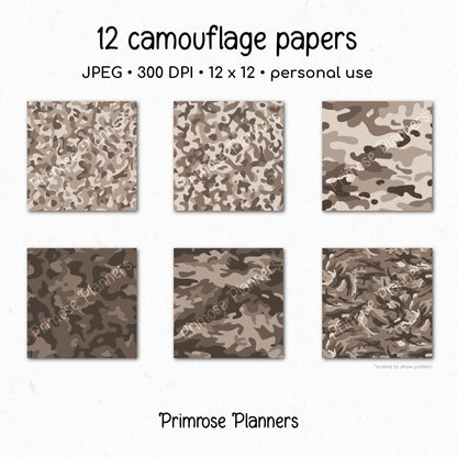 Dark Taupe Camouflage Digital Paper, Neutral Army Pattern, Scrapbook Background (Instant Download)
