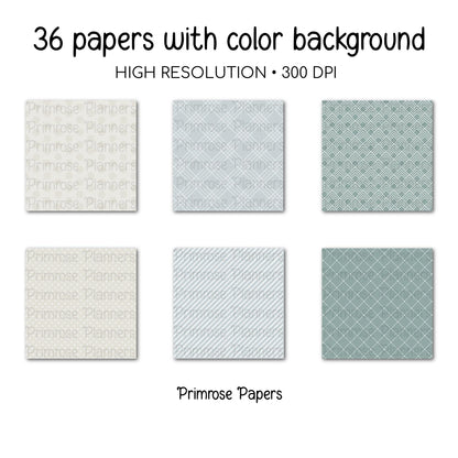 Farmhouse Mornings Digital Paper Bundle | Minimal Floral, Geometric | Greige, Duck Egg, Dusty Aqua | Spring Farmhouse Scrapbook