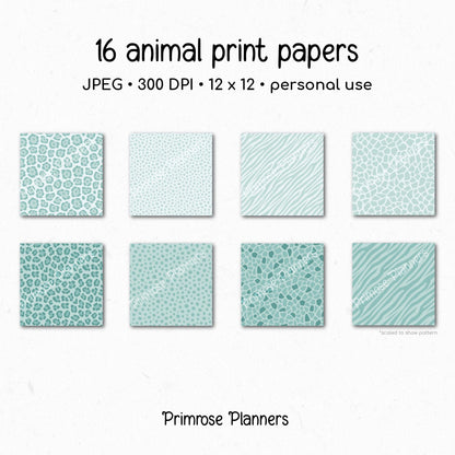 Dusty Aqua Animal Print Digital Paper Pack, Leopard Cheetah Zebra Patterns (Digital Download)