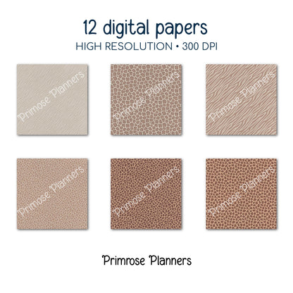 Neutral Animal Print Digital Paper | Leopard, Cheetah, Zebra & Giraffe Patterns | Beige, Taupe, Gray | Safari Nursery Scrapbook Backgrounds