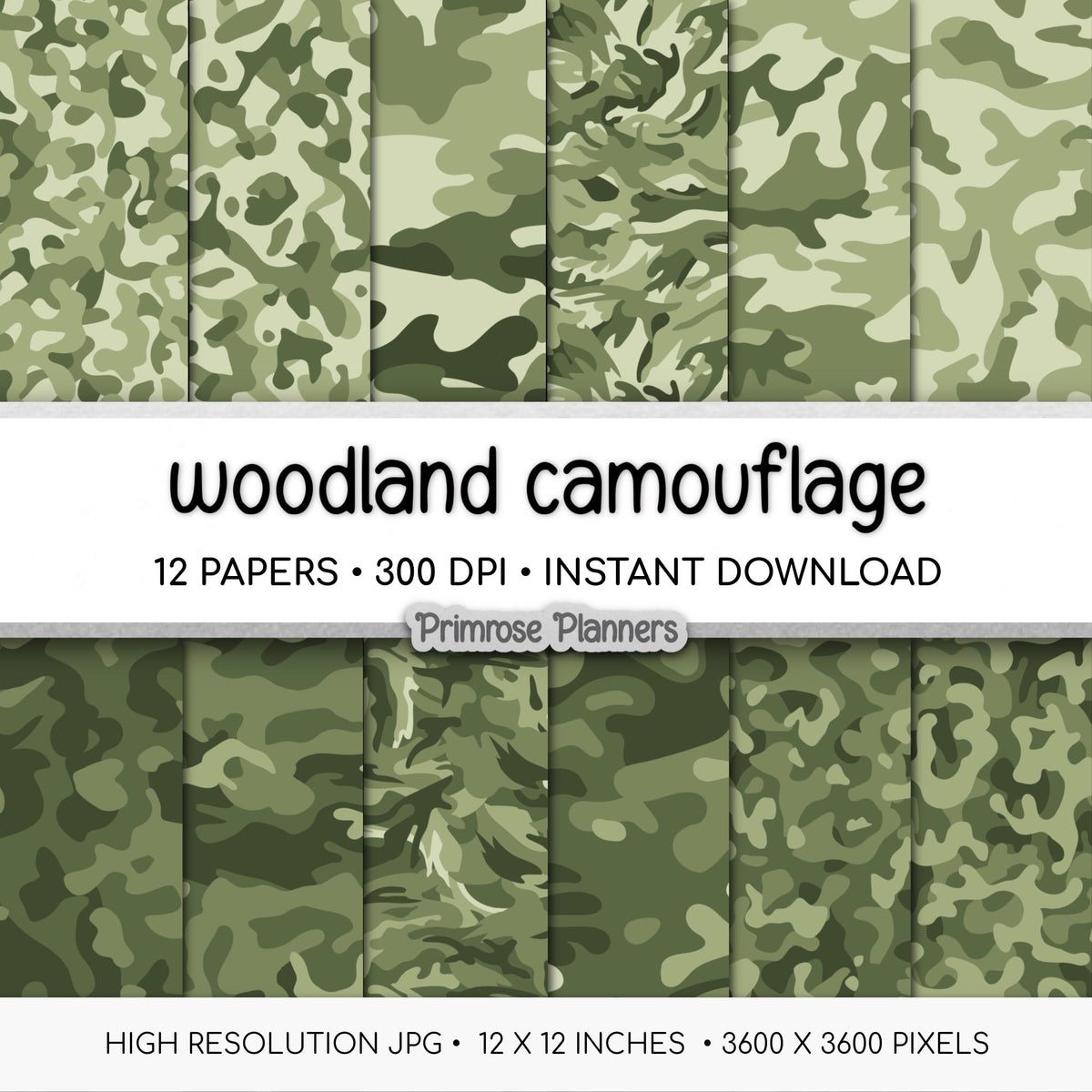Woodland Camouflage Digital Paper, Army Green Hunting Scrapbook Backgrounds (Instant Download)