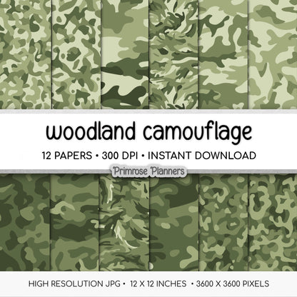 Woodland Camouflage Digital Paper, Army Green Hunting Scrapbook Backgrounds (Instant Download)