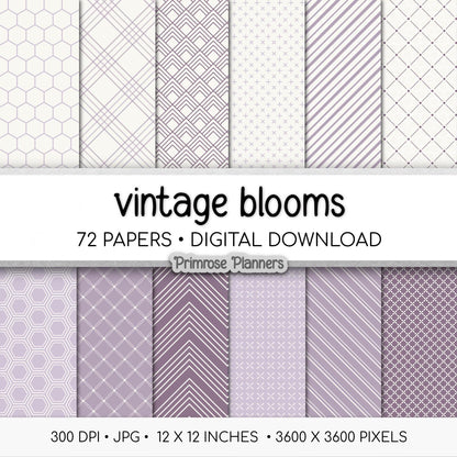 Whimsical Garden Digital Paper Bundle | Minimal Floral, Geometric Patterns | Dusty Lilac, Muted Plum | Fairycore Scrapbook Backgrounds
