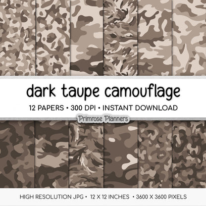 Dark Taupe Camouflage Digital Paper, Neutral Army Pattern, Scrapbook Background (Instant Download)