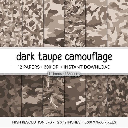 Dark Taupe Camouflage Digital Paper, Neutral Army Pattern, Scrapbook Background (Instant Download)