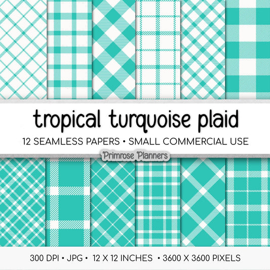 Seamless Bright Teal Plaid Digital Paper, Turquoise Aqua White Tartan, Summer Beach Buffalo Check, Retro Mint Background, Commercial Use