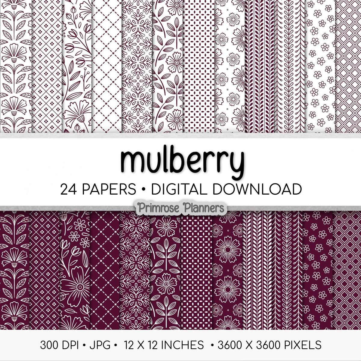 Mulberry and White Digital Paper, Minimalist Boho Patterns, Deep Burgundy Scrapbooking, Marsala Wedding & Planner Print