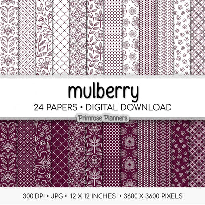 Mulberry and White Digital Paper, Minimalist Boho Patterns, Deep Burgundy Scrapbooking, Marsala Wedding & Planner Print