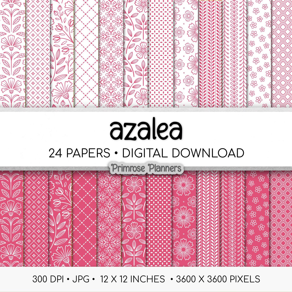 Azalea and White Digital Paper, Minimalist Boho Patterns, Vibrant Garden Pink Scrapbooking, Spring & Summer Print