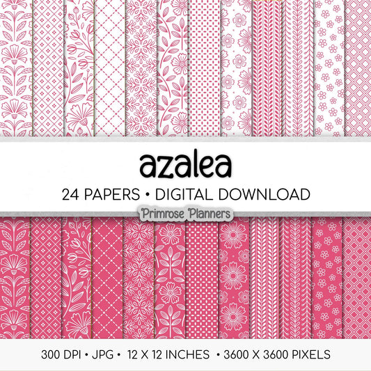 Azalea and White Digital Paper, Minimalist Boho Patterns, Vibrant Garden Pink Scrapbooking, Spring & Summer Print