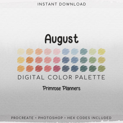August Summer Procreate Palette & Photoshop Swatches, Late Summer Yellow Orange Pink Blue Green, Hex Codes