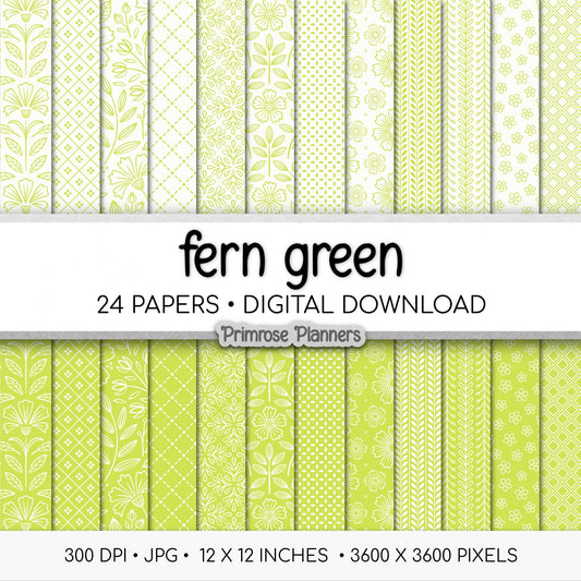 Fern Green Digital Paper Bundle | Minimal Floral, Geometric Patterns | Vibrant Spring Botanical | Cottagecore Scrapbook Backgrounds