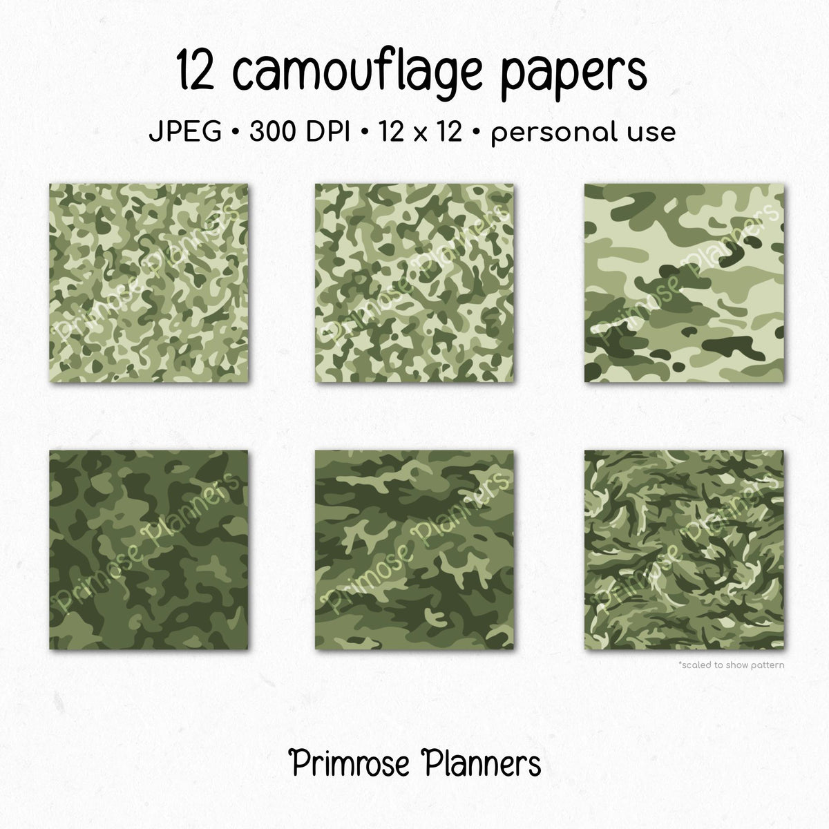Woodland Camouflage Digital Paper, Army Green Hunting Scrapbook Backgrounds (Instant Download)