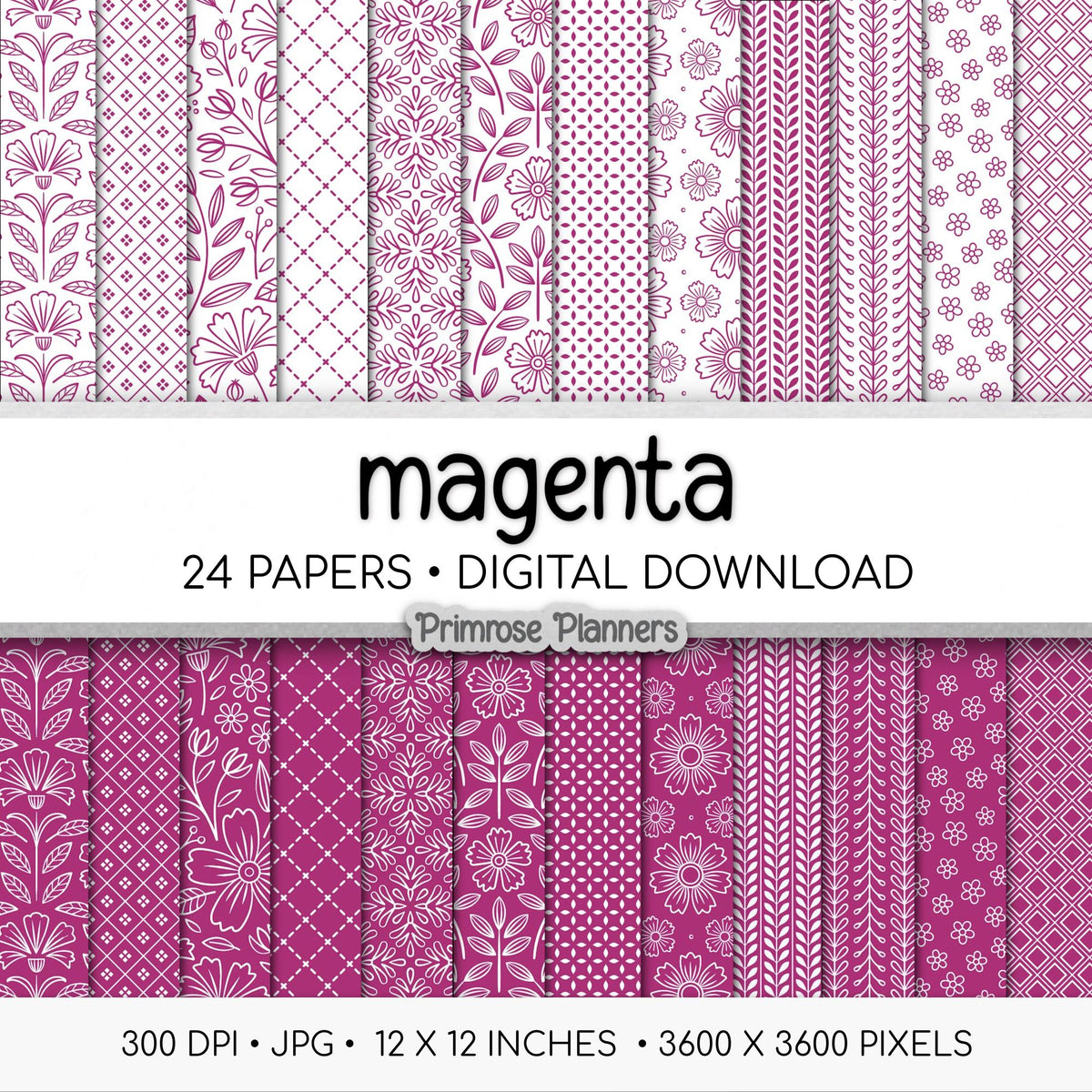Magenta and White Floral Digital Paper, Minimalist Boho Patterns, Vibrant Fuchsia Scrapbooking, Bold Planner Print
