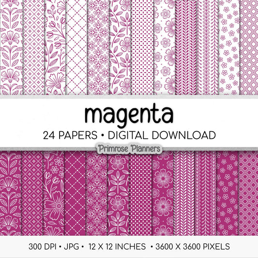 Magenta and White Floral Digital Paper, Minimalist Boho Patterns, Vibrant Fuchsia Scrapbooking, Bold Planner Print