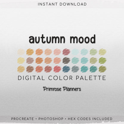 Autumn Procreate Palette & Photoshop Swatches | Orange Mauve Teal HEX Codes | Multi-Use Digital Color Files