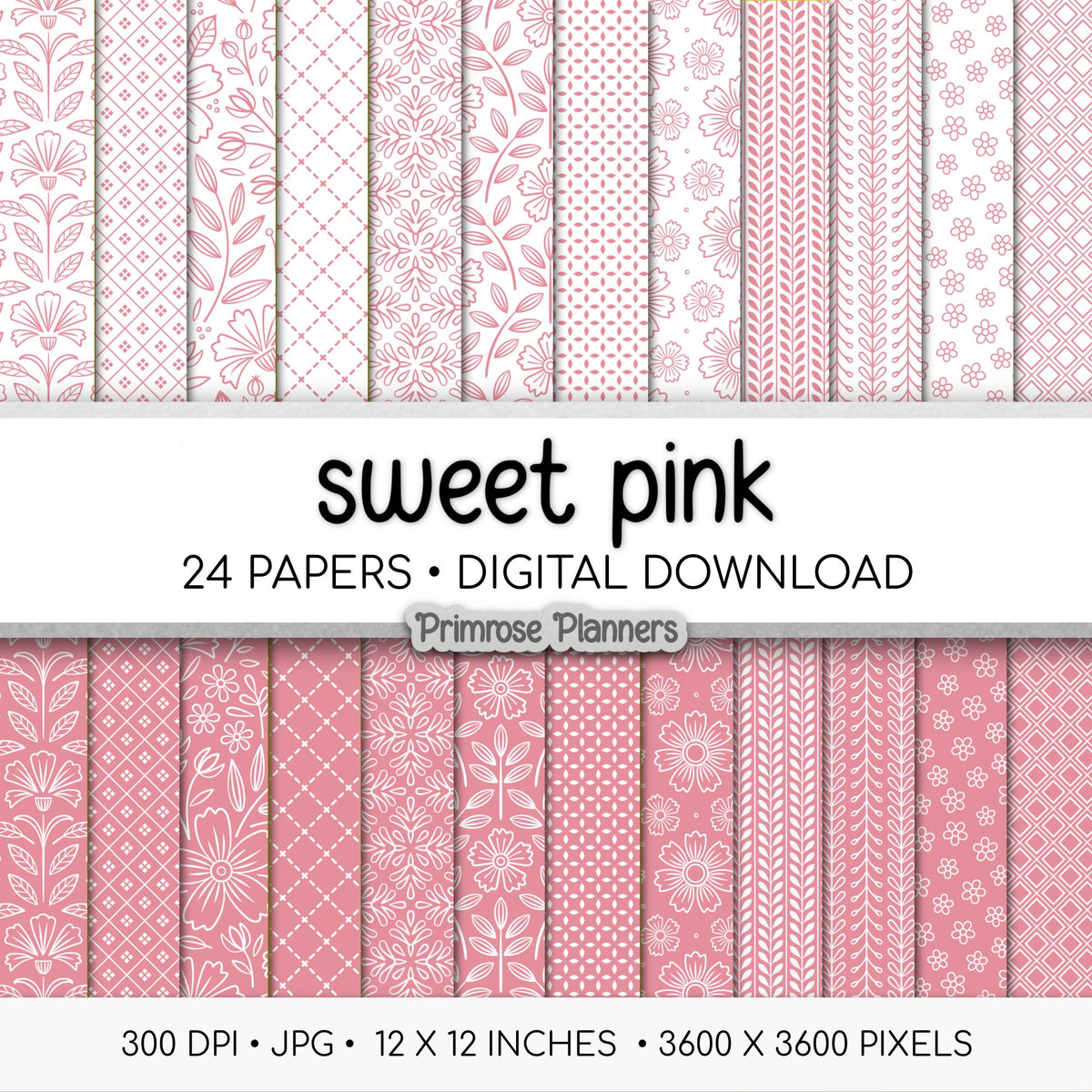 Sweet Pink and White Digital Paper, Minimalist Boho Patterns, True Pink Scrapbooking, Baby Girl & Nursery Print