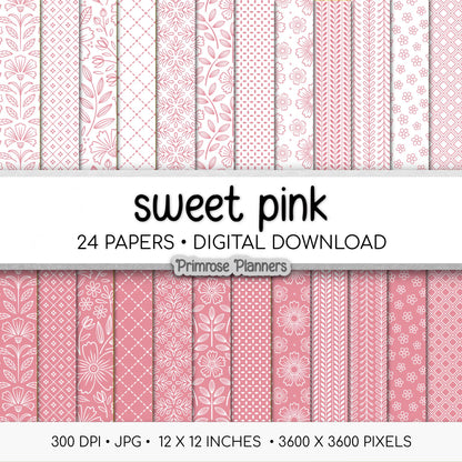 Sweet Pink and White Digital Paper, Minimalist Boho Patterns, True Pink Scrapbooking, Baby Girl & Nursery Print
