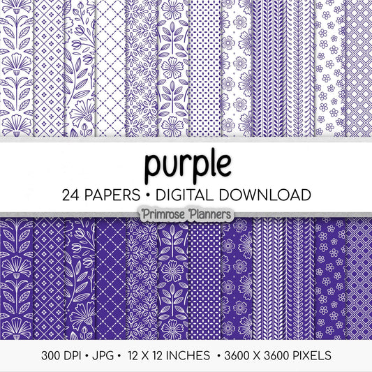 Purple Digital Paper Minimal Boho | Plum White Seamless Patterns | Dainty Floral Scrapbook Backgrounds | Instant Download Pack