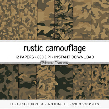 Rustic Camouflage Digital Paper Pack, Warm Brown Olive Army Pattern (Instant Download)