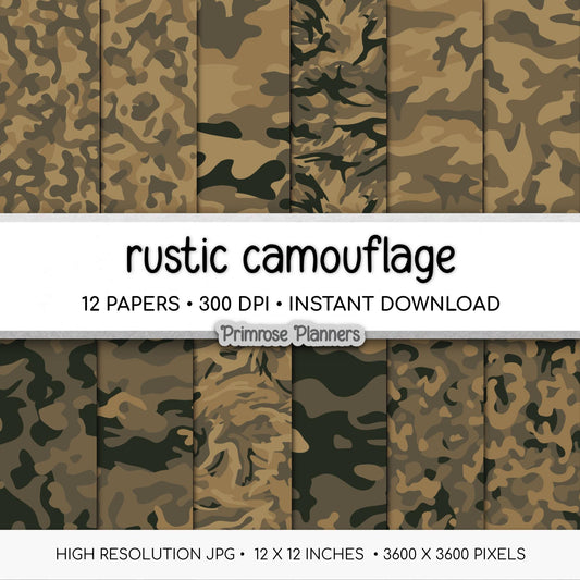 Rustic Camouflage Digital Paper Pack, Warm Brown Olive Army Pattern (Instant Download)