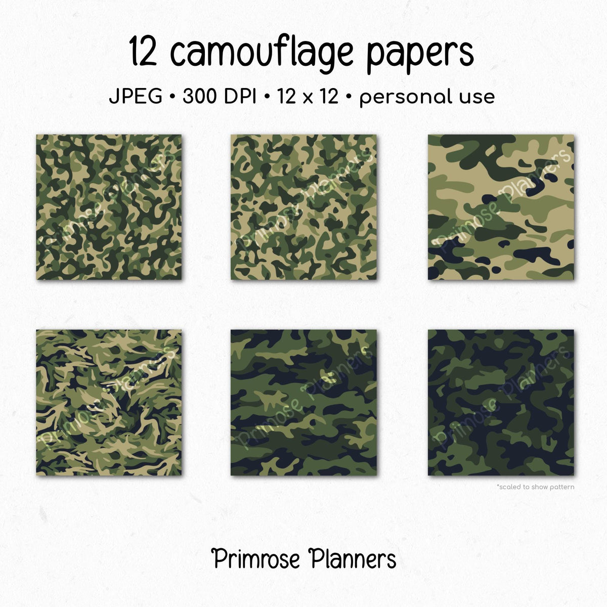 Woodland Camouflage Digital Paper, Army Green Hunting Scrapbook Backgrounds (Instant Download)