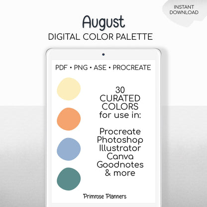 August Summer Procreate Palette & Photoshop Swatches, Late Summer Yellow Orange Pink Blue Green, Hex Codes