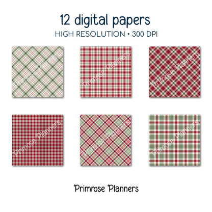 Christmas Digital Paper, Red and Green Plaid, Buffalo Check Texture, Holiday Tartan Printable, Commercial Use Backgrounds for Card Making