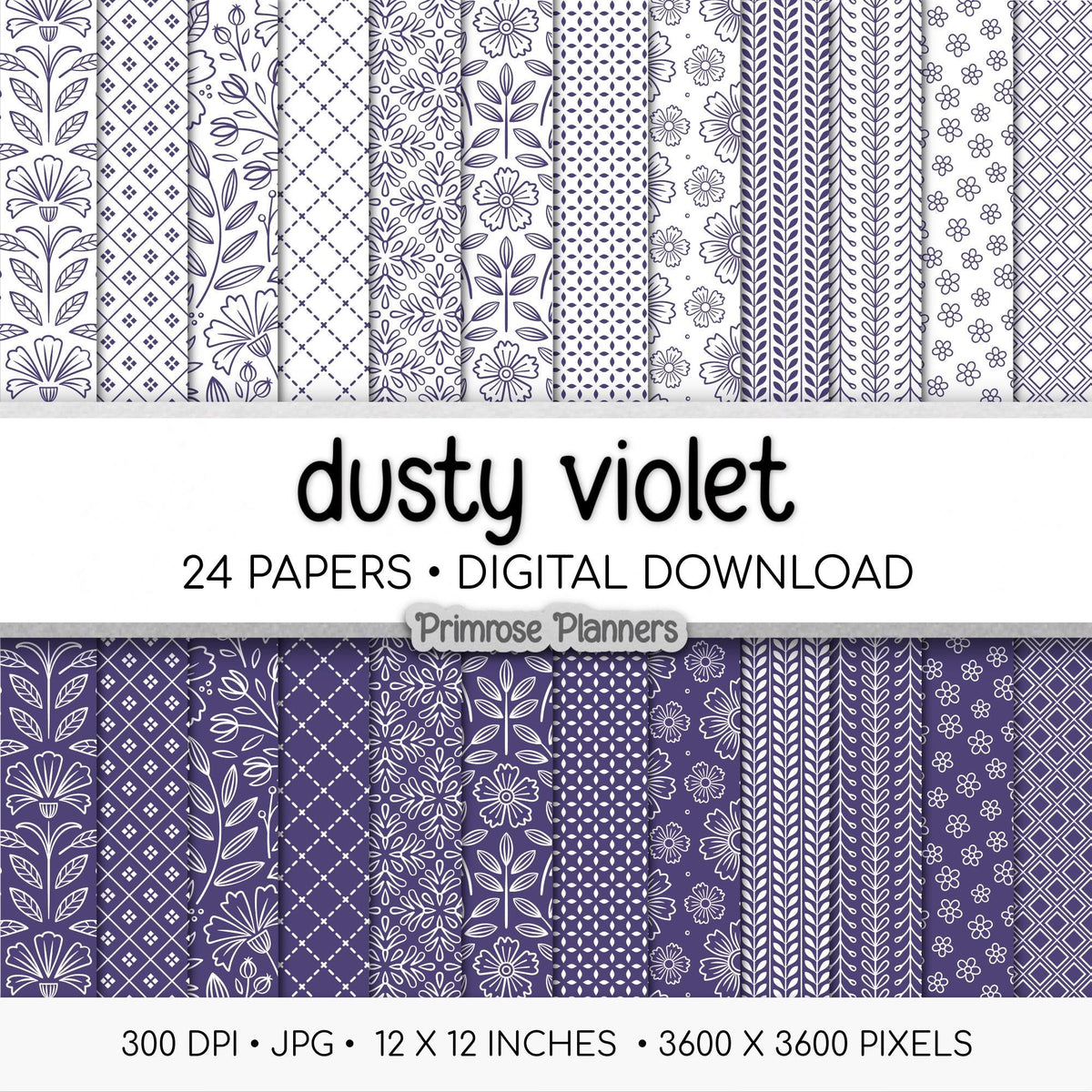 Dusty Violet and White Digital Paper, Minimalist Boho Patterns, Soft Lavender Scrapbooking, Mauve Planner Print