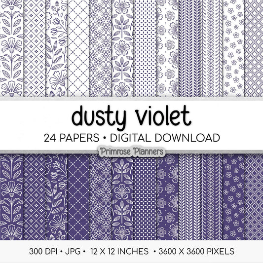 Dusty Violet and White Digital Paper, Minimalist Boho Patterns, Soft Lavender Scrapbooking, Mauve Planner Print