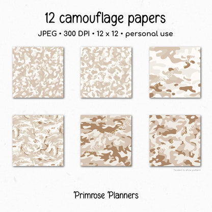 Beige Camouflage Print Digital Paper, Oatmeal Cream Army Pattern, Boho Hunting Scrapbook Backgrounds, Neutral Camo Craft Paper