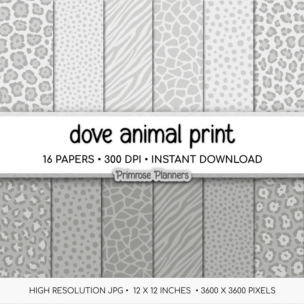 Dove Gray Animal Print Digital Paper Pack, Neutral Leopard Cheetah Zebra (Digital Download)