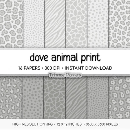 Dove Gray Animal Print Digital Paper Pack, Neutral Leopard Cheetah Zebra (Digital Download)