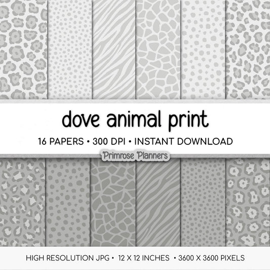 Dove Gray Animal Print Digital Paper Pack, Neutral Leopard Cheetah Zebra (Digital Download)