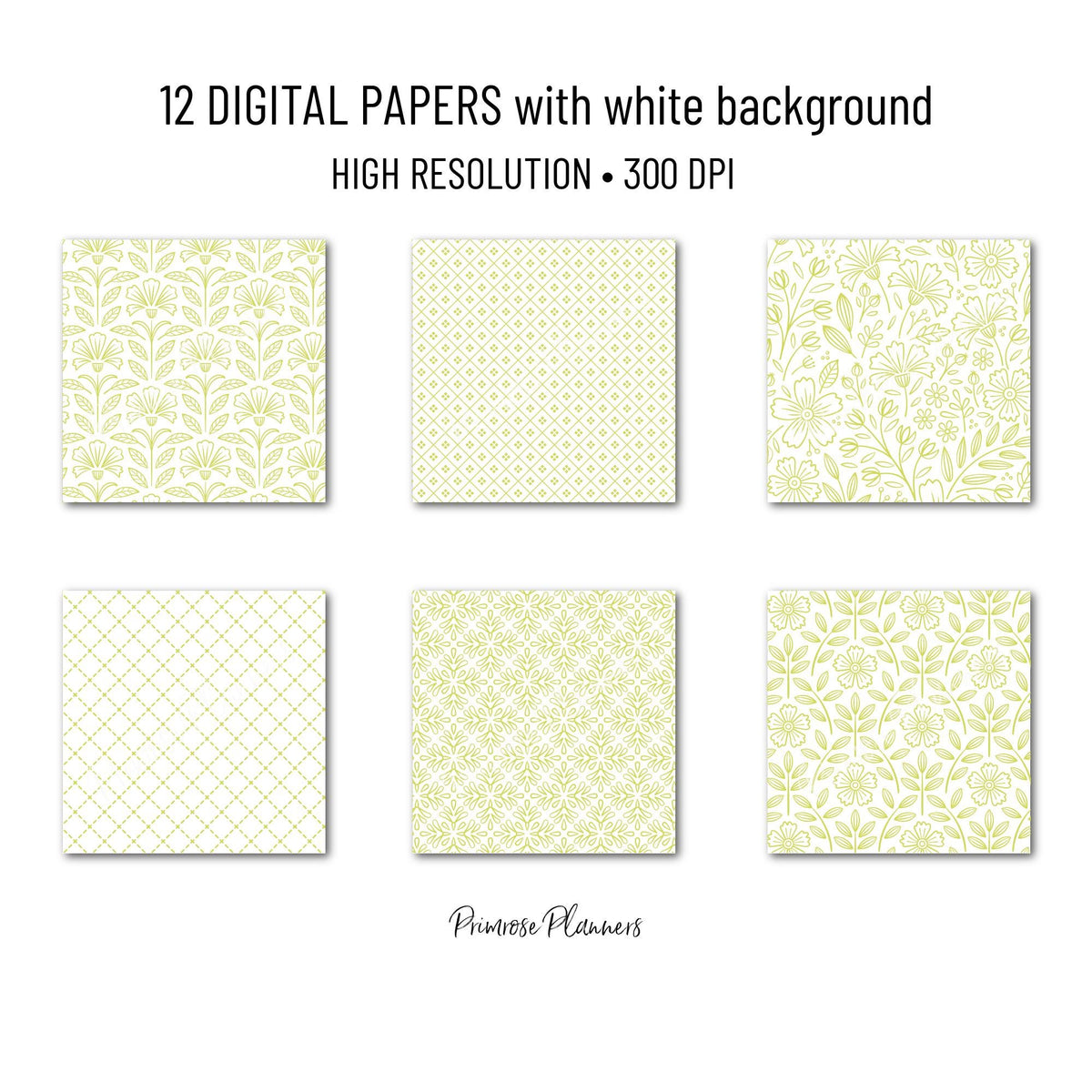 Lime Green and White Digital Paper, Minimalist Flower Patterns, Fresh Citrus Green Backgrounds, Spring Planner Print
