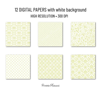 Lime Green and White Digital Paper, Minimalist Flower Patterns, Fresh Citrus Green Backgrounds, Spring Planner Print